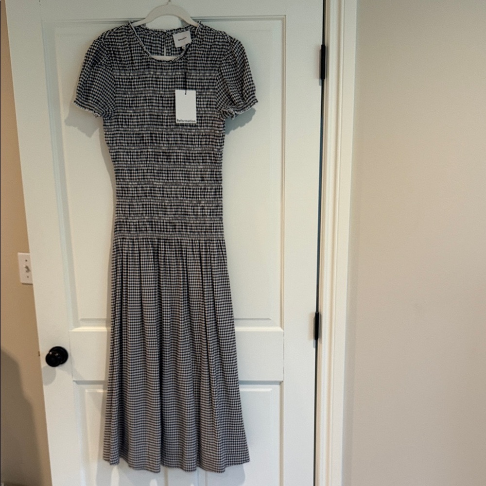 Reformation Black and White Gingham Smocked Midi Dress